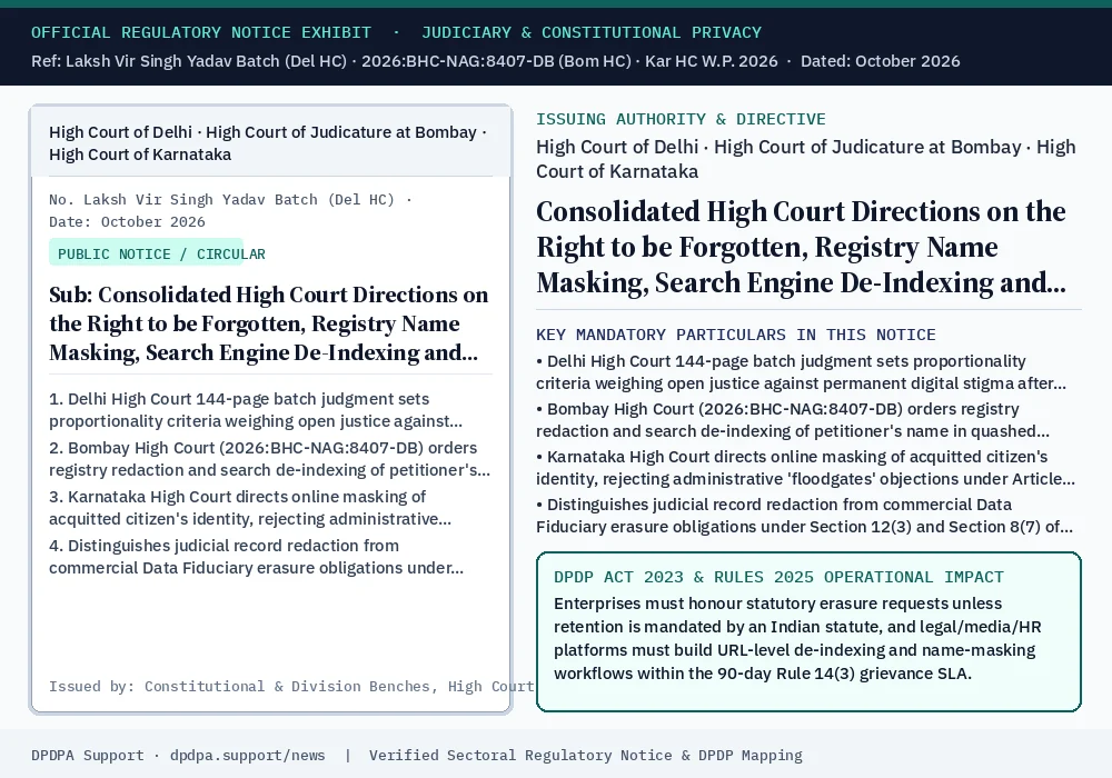 Official regulatory notice exhibit: Consolidated High Court Directions on the Right to be Forgotten, Registry Name Masking, Search Engine De-Indexing and Statutory Erasure