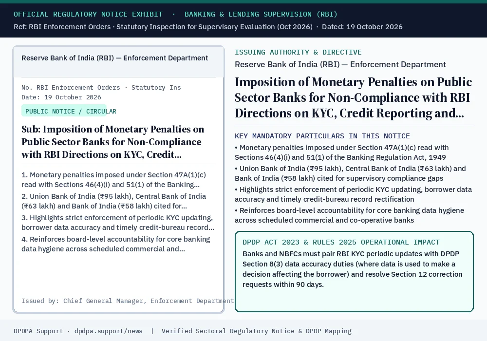 Official regulatory notice exhibit: Imposition of Monetary Penalties on Public Sector Banks for Non-Compliance with RBI Directions on KYC, Credit Reporting and Account Governance