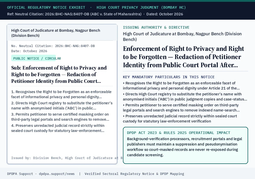 Official regulatory notice exhibit: Enforcement of Right to Privacy and Right to be Forgotten — Redaction of Petitioner Identity from Public Court Portal After Quashing of FIR