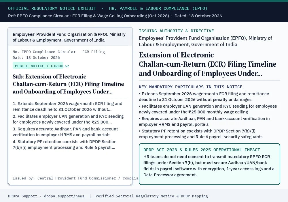 Official regulatory notice exhibit: Extension of Electronic Challan-cum-Return (ECR) Filing Timeline and Onboarding of Employees Under Revised ₹25,000 Wage Ceiling