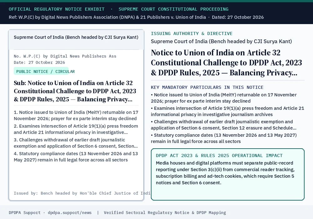 Official regulatory notice exhibit: Notice to Union of India on Article 32 Constitutional Challenge to DPDP Act, 2023 & DPDP Rules, 2025 — Balancing Privacy and Press Freedom