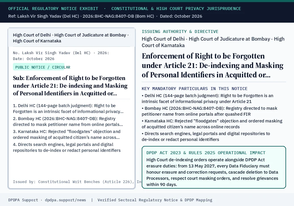 Official regulatory notice exhibit: Enforcement of Right to be Forgotten under Article 21: De-indexing and Masking of Personal Identifiers in Acquitted or Quashed Proceedings