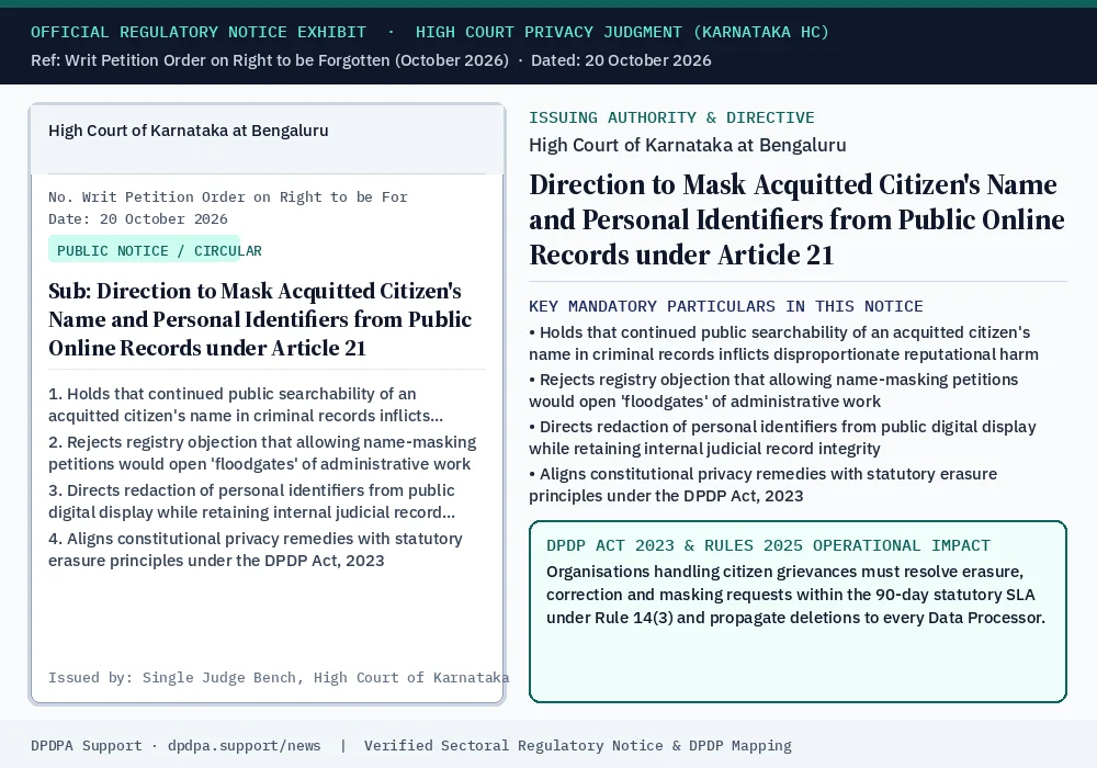 Official regulatory notice exhibit: Direction to Mask Acquitted Citizen's Name and Personal Identifiers from Public Online Records under Article 21
