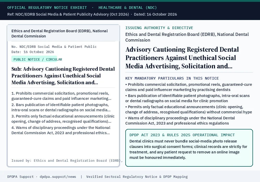 Official regulatory notice exhibit: Advisory Cautioning Registered Dental Practitioners Against Unethical Social Media Advertising, Solicitation and Patient Image Display