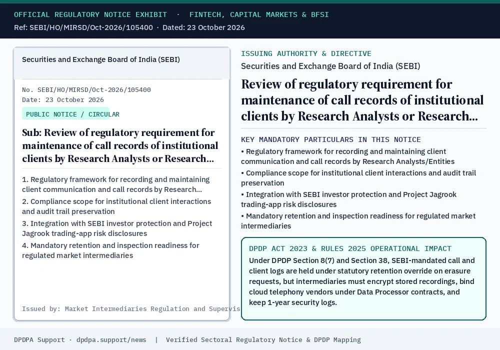 Official regulatory notice exhibit: Review of regulatory requirement for maintenance of call records of institutional clients by Research Analysts or Research Entities