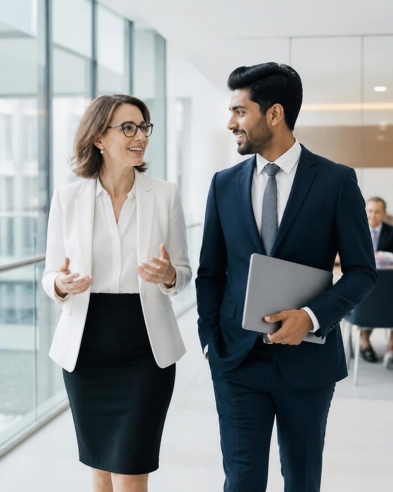 A woman and a man walking through a glass-walled office, talking