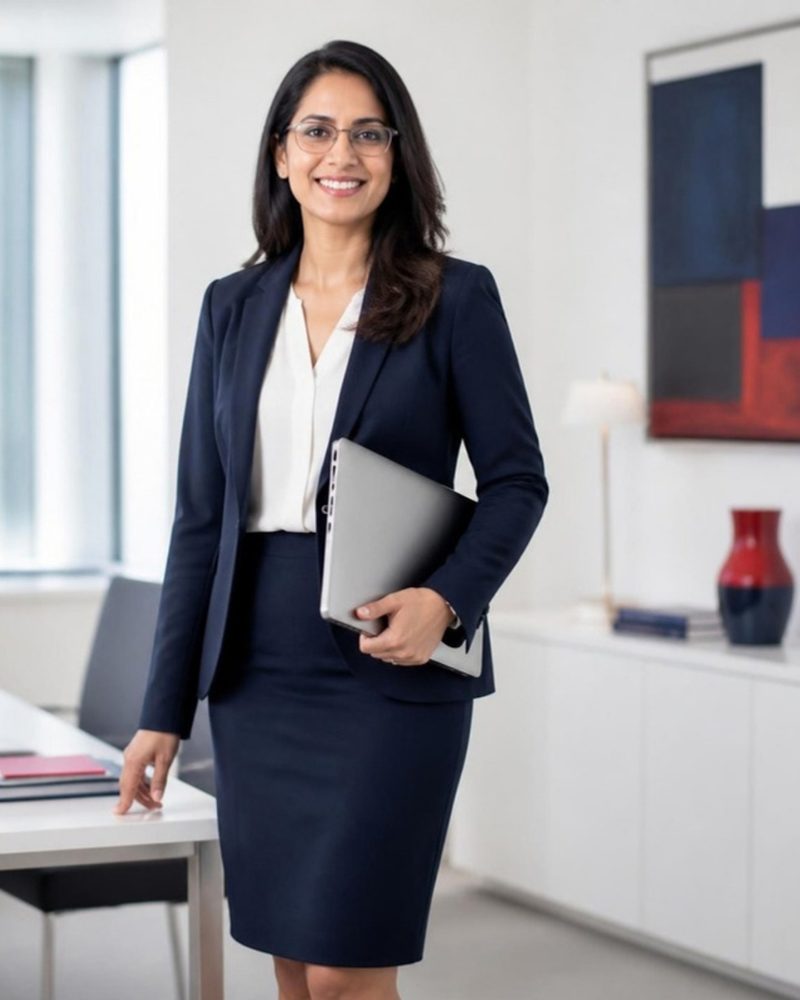 A woman in a navy blazer holding a laptop in an office