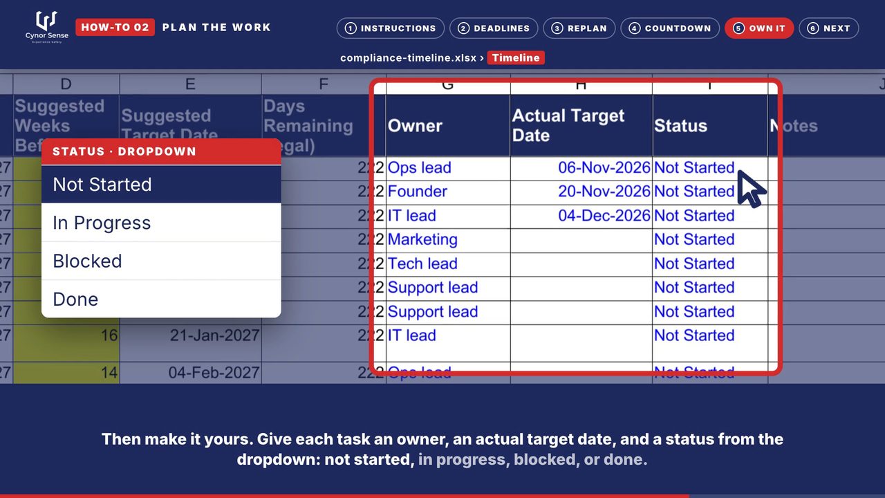 Still from the how-to 02 video: Each task gets an owner, a target date and a status.