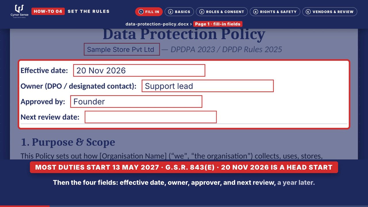 Still from the how-to 04 video: Four fields to fill on page one: effective date, owner, approver, next review.