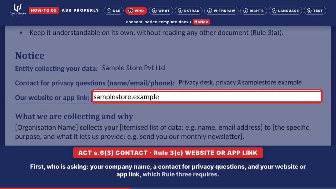 Still from the how-to 05 video: The Notice fields: who is asking, and the website or app link the Rules require.