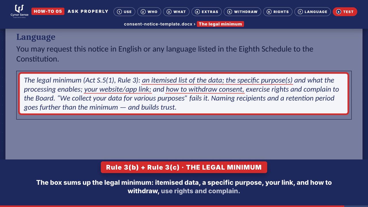 Still from the how-to 05 video: The legal-minimum box sums up what the notice must contain.