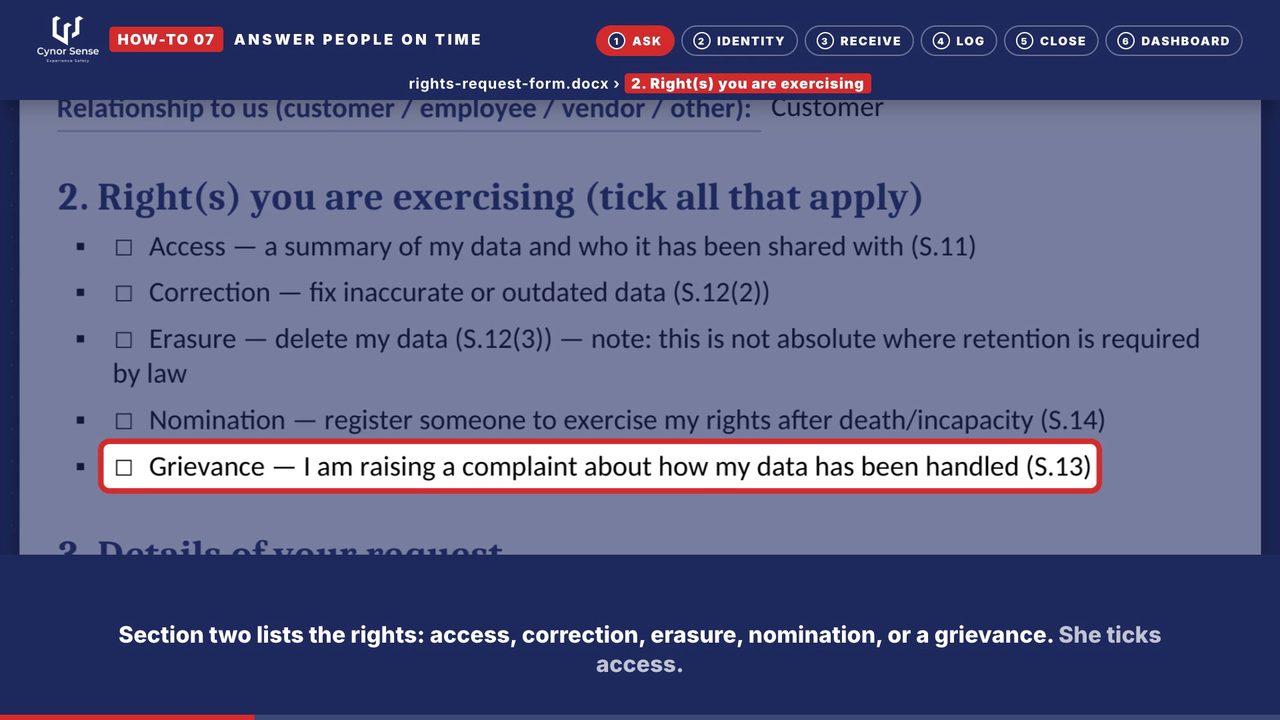 Still from the how-to 07 video: Part 2 of the form: the rights, each with its section of the Act.