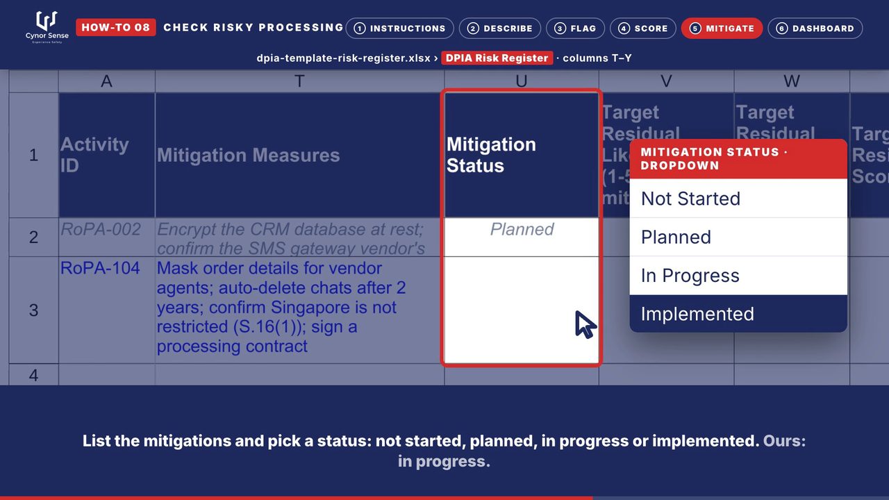Still from the how-to 08 video: Each mitigation carries a status you set.