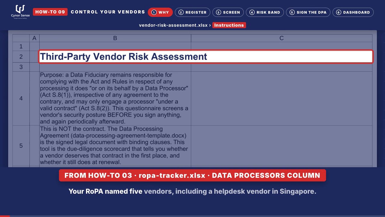 Still from the how-to 09 video: The vendor workbook opens with why you screen before you sign.