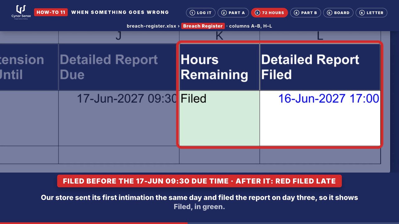 Still from the how-to 11 video: A report filed on day three is marked Filed.
